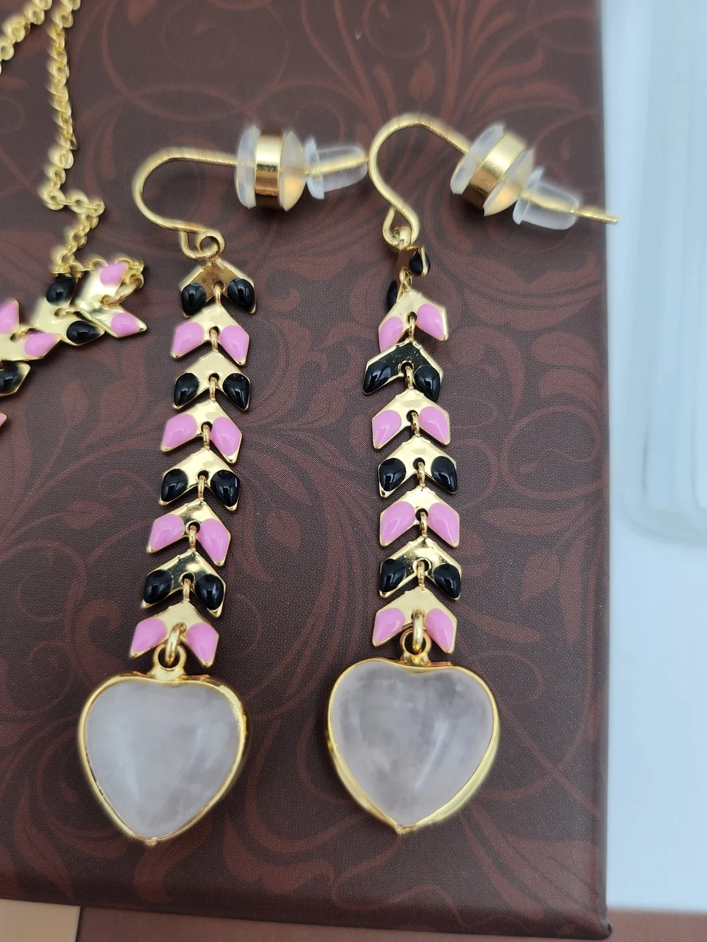 Wrangler Gold-Tone Pink & Black Heart Necklace and Earrings Set